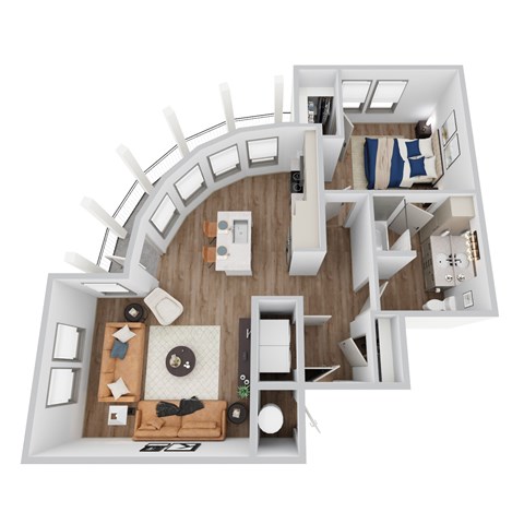 A 3D rendering of A7 floor plan at Era apartments in Denton, TX